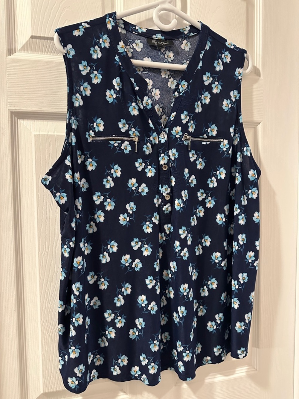 LILY MORGAN Retro Bohemian Navy Floral Button-Front Sleeveless Top Sz 2X